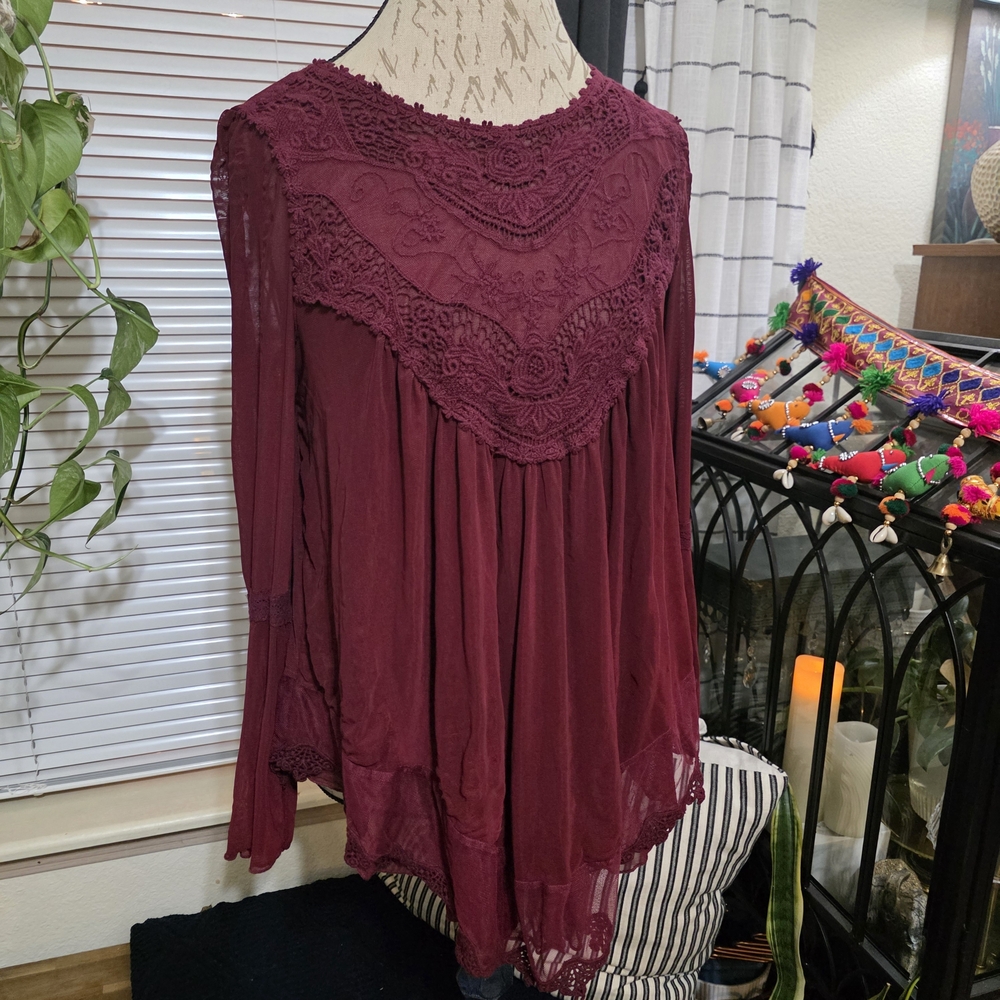Chic Lace-Trimmed Women's Blouse in Deep Burgundy Fairy Whimsy Goth